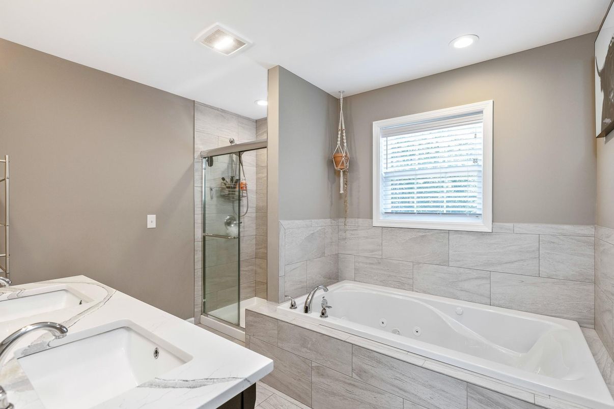 Bathroom, Dual Sink Vanities, Glass Shower, Interior, Recessed Lighting