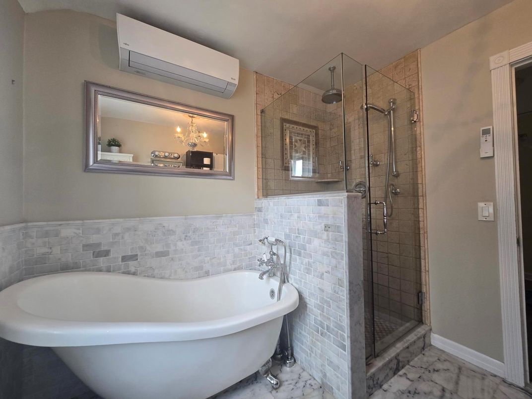 Bathroom, Free Standing Baths, Glass Shower, Interior, Marble