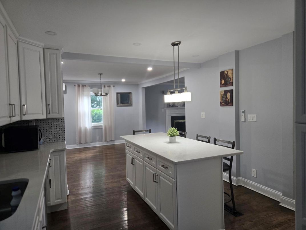 Dining room, Fireplace, Interior, Kitchen, Pendant Lights, Recessed Lighting, Wood Texture Flooring