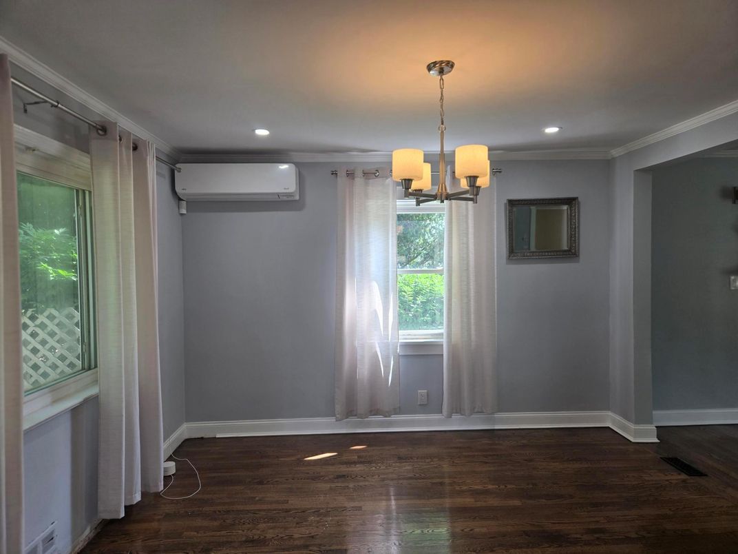 Chandelier, Empty room, Interior, Pendant Lights, Recessed Lighting, Wood Texture Flooring