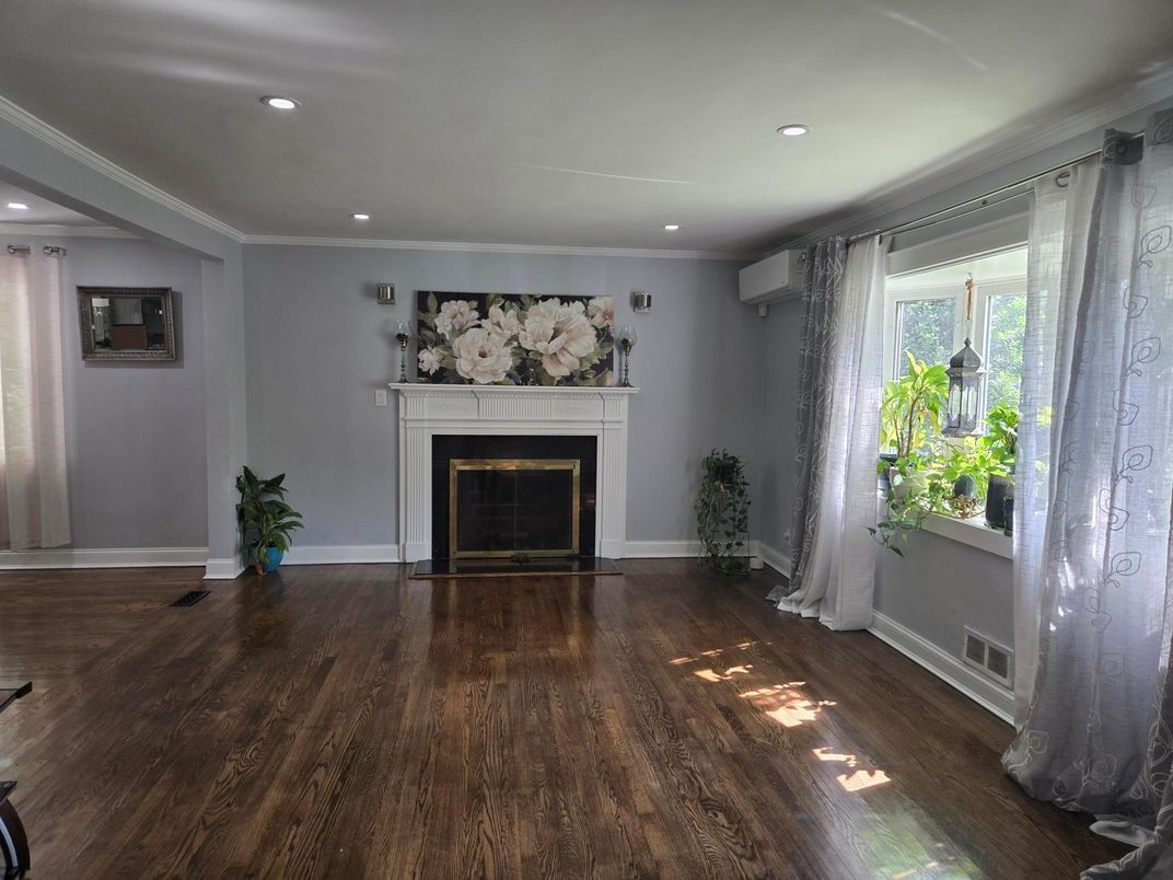 Empty room, Fireplace, Interior, Recessed Lighting, Wood Texture Flooring