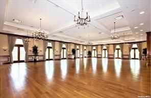 Chandelier, Empty room, Interior, Recessed Lighting, Wood Texture Flooring