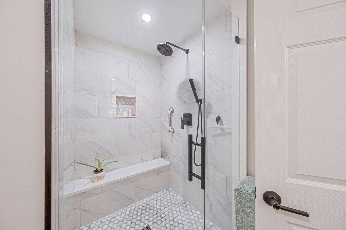 Bathroom, Glass Shower, Interior, Marble Walls, Recessed Lighting
