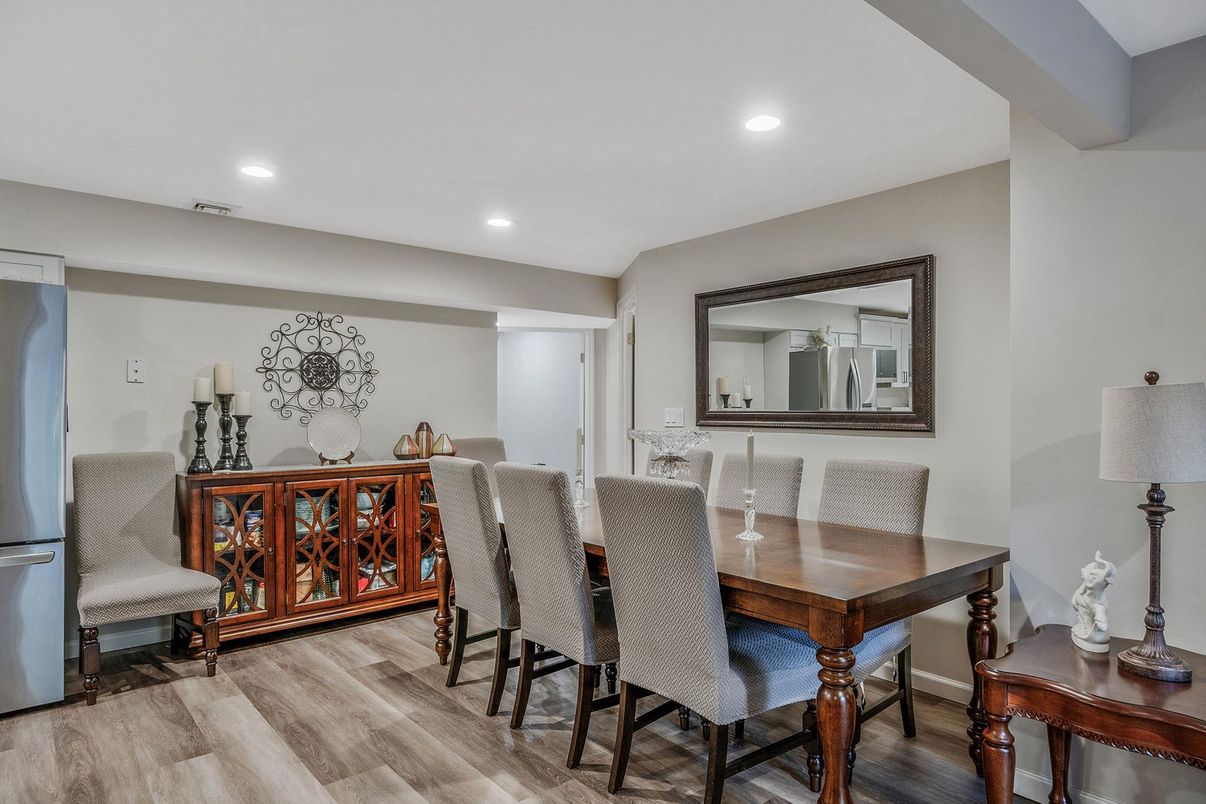 Dining room, Interior, Recessed Lighting, Wood Texture Flooring
