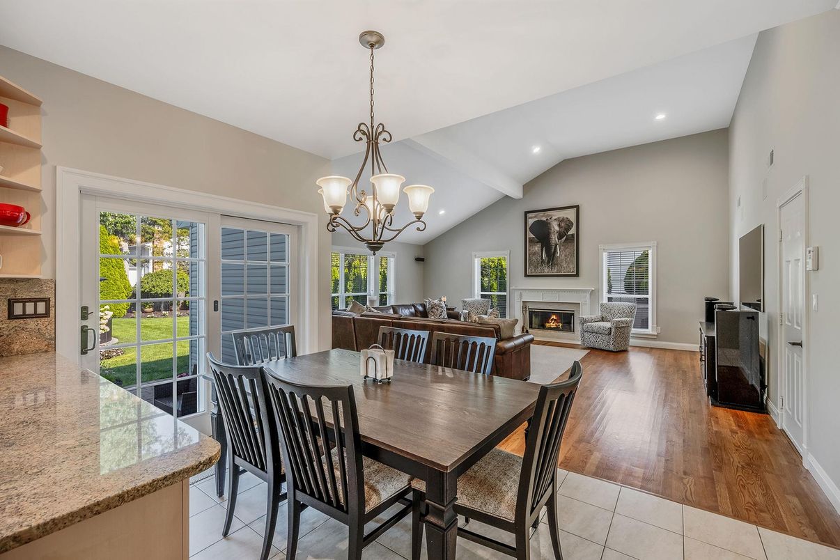 Chandelier, Dining room, Fireplace, Interior, Living room, Recessed Lighting, Wood Texture Flooring