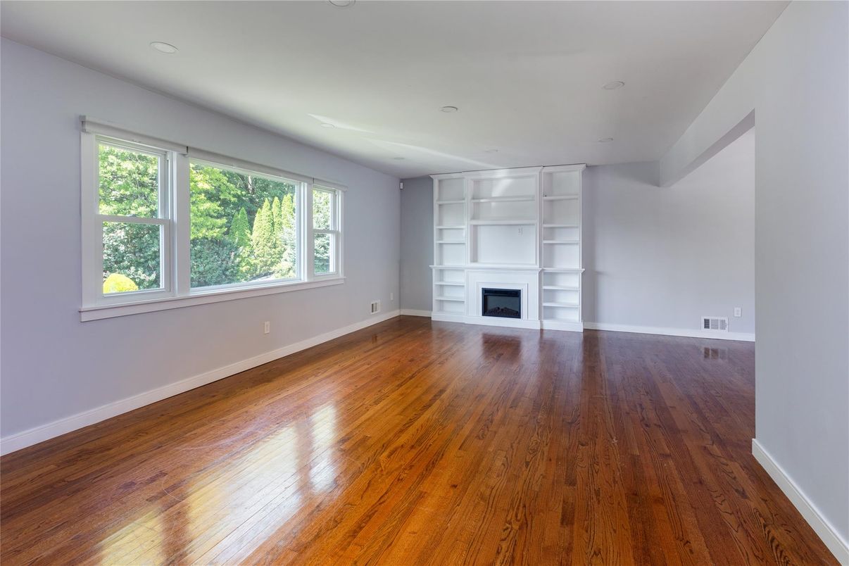 Empty room, Fireplace, Interior, Recessed Lighting, Wood Texture Flooring