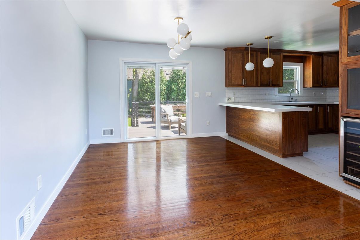 Empty room, Interior, Kitchen, Pendant Lights, Wood Texture Flooring