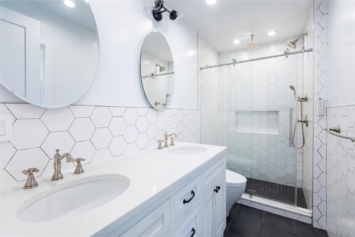 Bathroom, Dual Sink Vanities, Glass Shower, Interior, Recessed Lighting