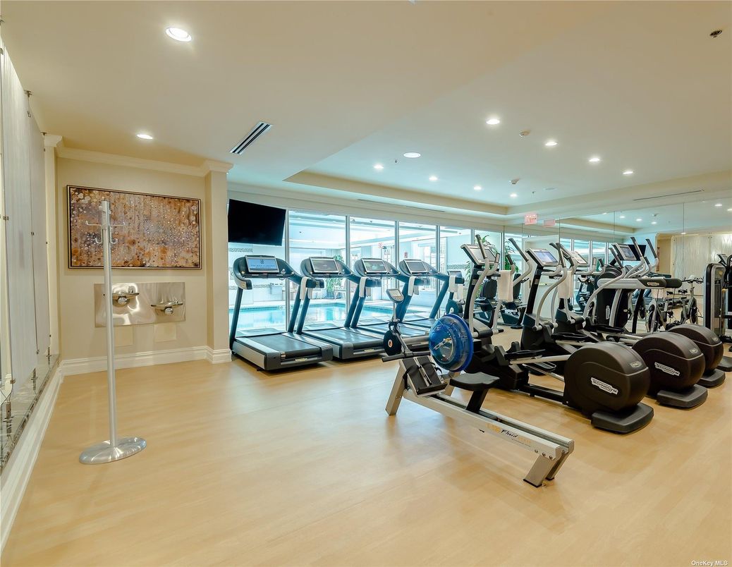 Fitness Equipment, Gym, Interior, Recessed Lighting, Wood Texture Flooring