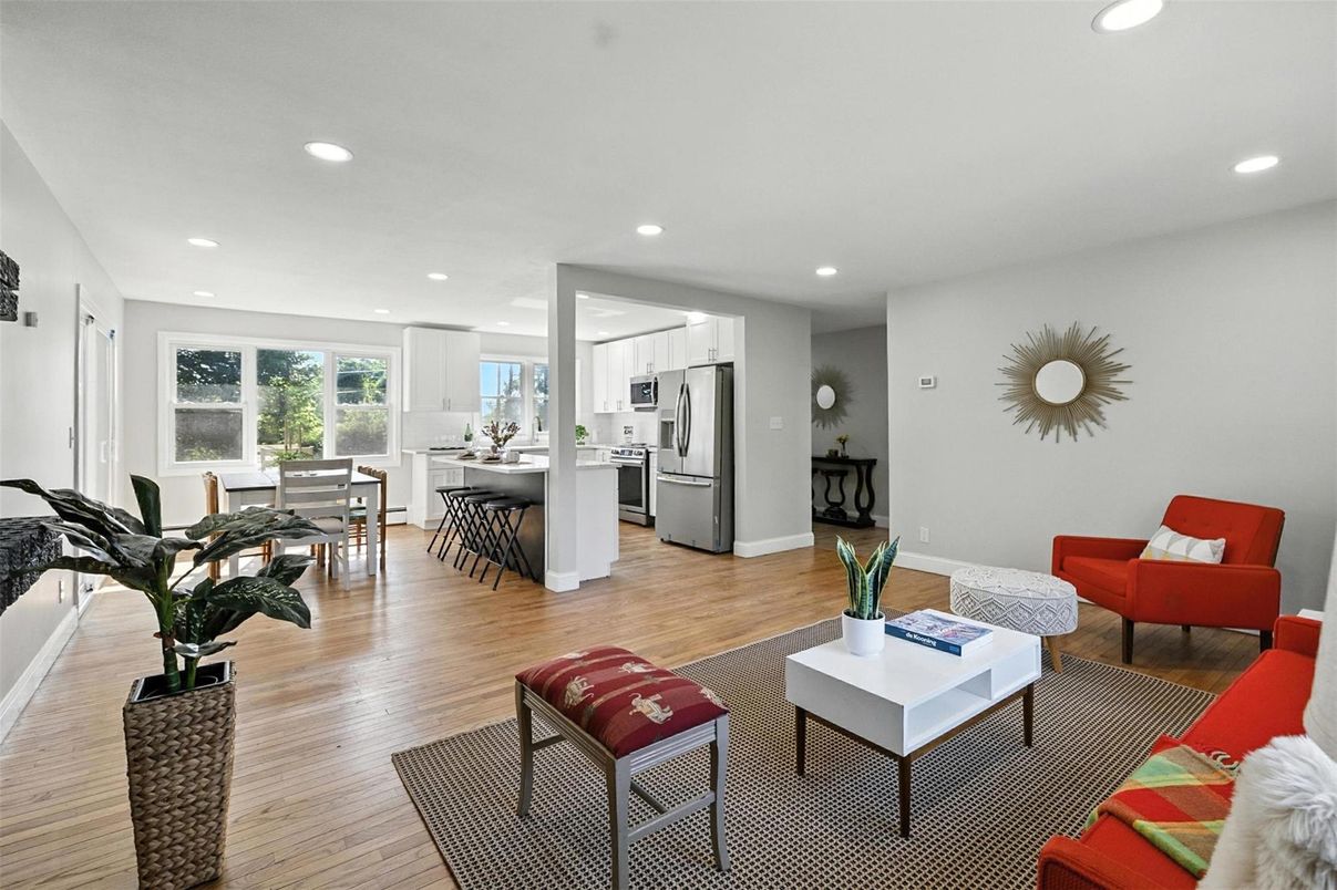 Dining room, Interior, Kitchen, Living room, Recessed Lighting, Stainless Steel Appliances, Wood Texture Flooring