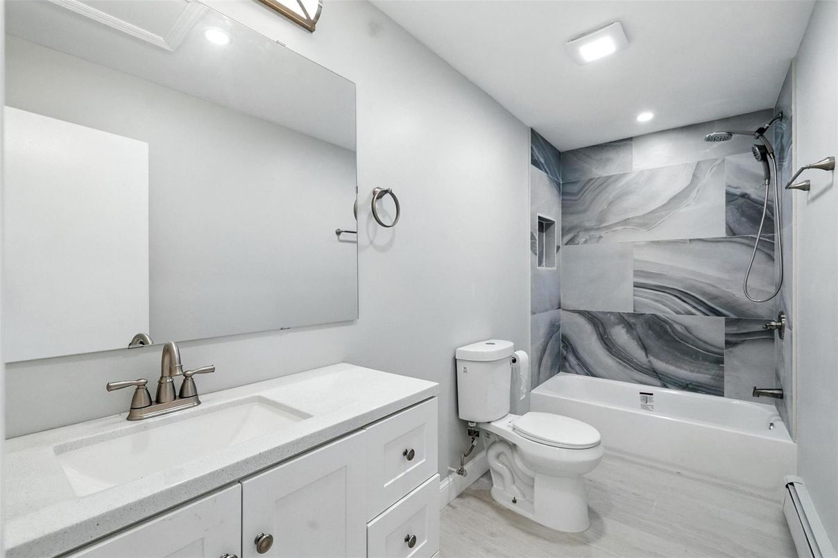 Bathroom, Interior, Marble Walls, Recessed Lighting, Wood Texture Flooring