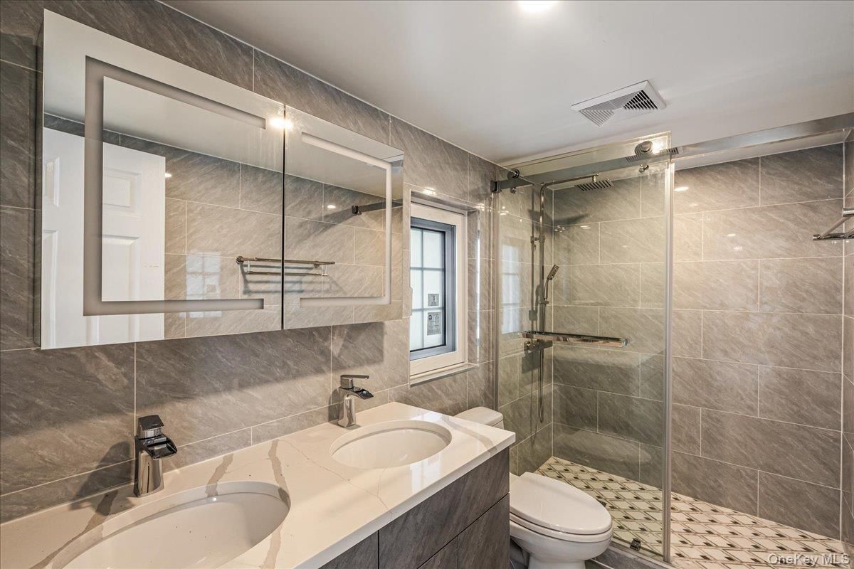 Bathroom, Glass Shower, Interior, Recessed Lighting, Tile Countertops