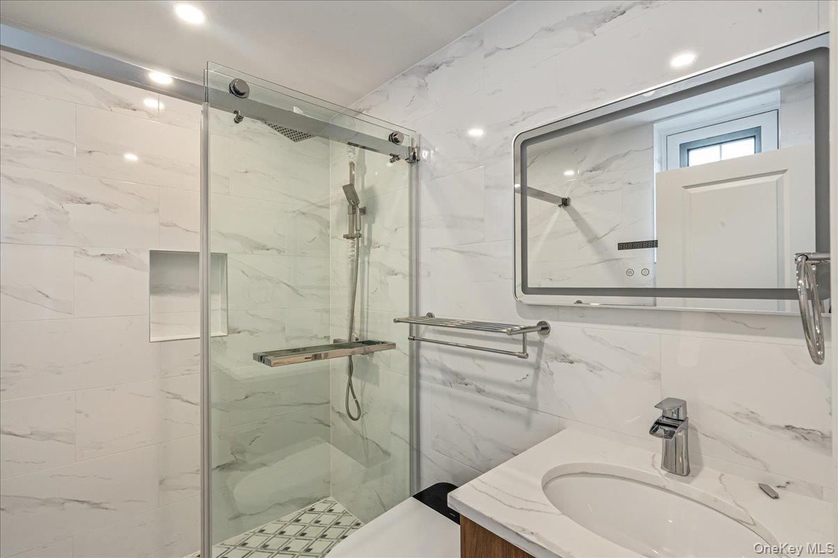 Bathroom, Glass Shower, Interior, Marble Walls, Recessed Lighting