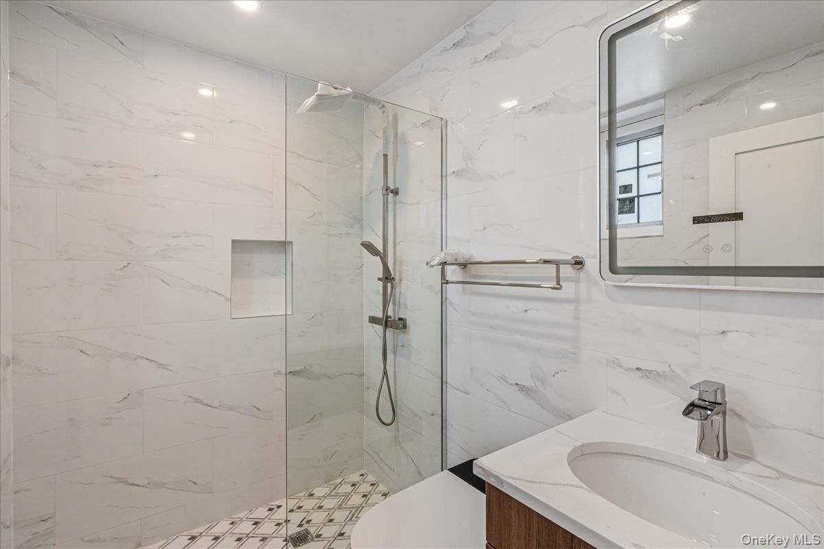 Bathroom, Glass Shower, Interior, Marble Walls, Recessed Lighting
