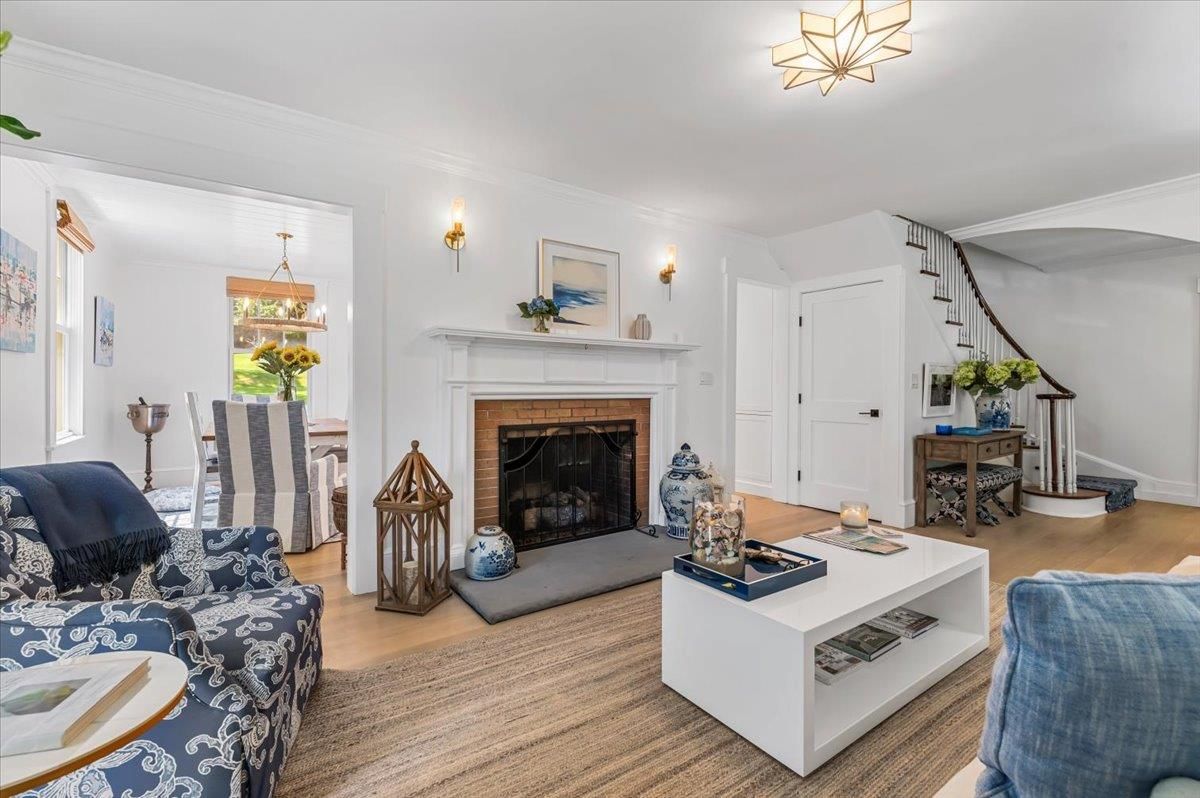 Fireplace, Interior, Living room, Pendant Lights, Wood Texture Flooring