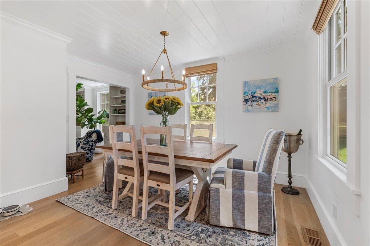Dining room, Interior, Pendant Lights, Wood Texture Flooring