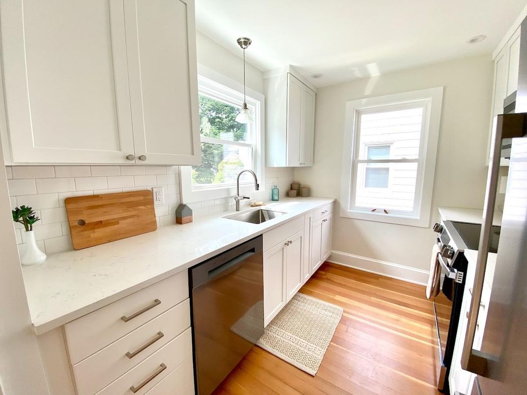 Interior, Kitchen, Pendant Lights, Stainless Steel Appliances, Wood Texture Flooring