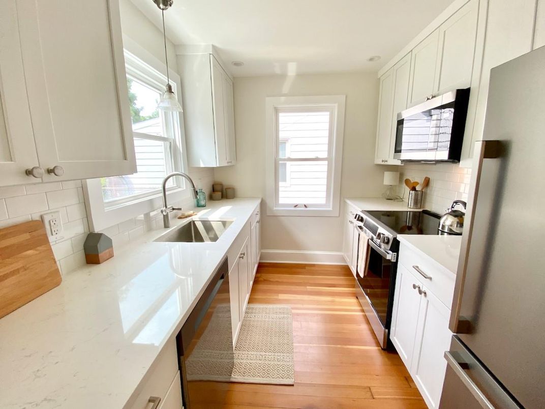 Interior, Kitchen, Pendant Lights, Stainless Steel Appliances, Wood Texture Flooring