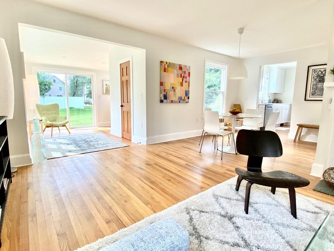 Dining room, Interior, Pendant Lights, Wood Texture Flooring