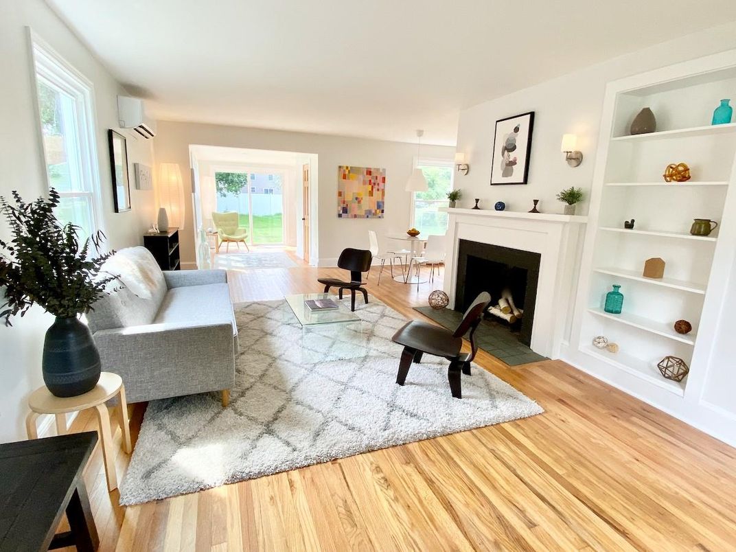 Fireplace, Interior, Living room, Pendant Lights, Wood Texture Flooring