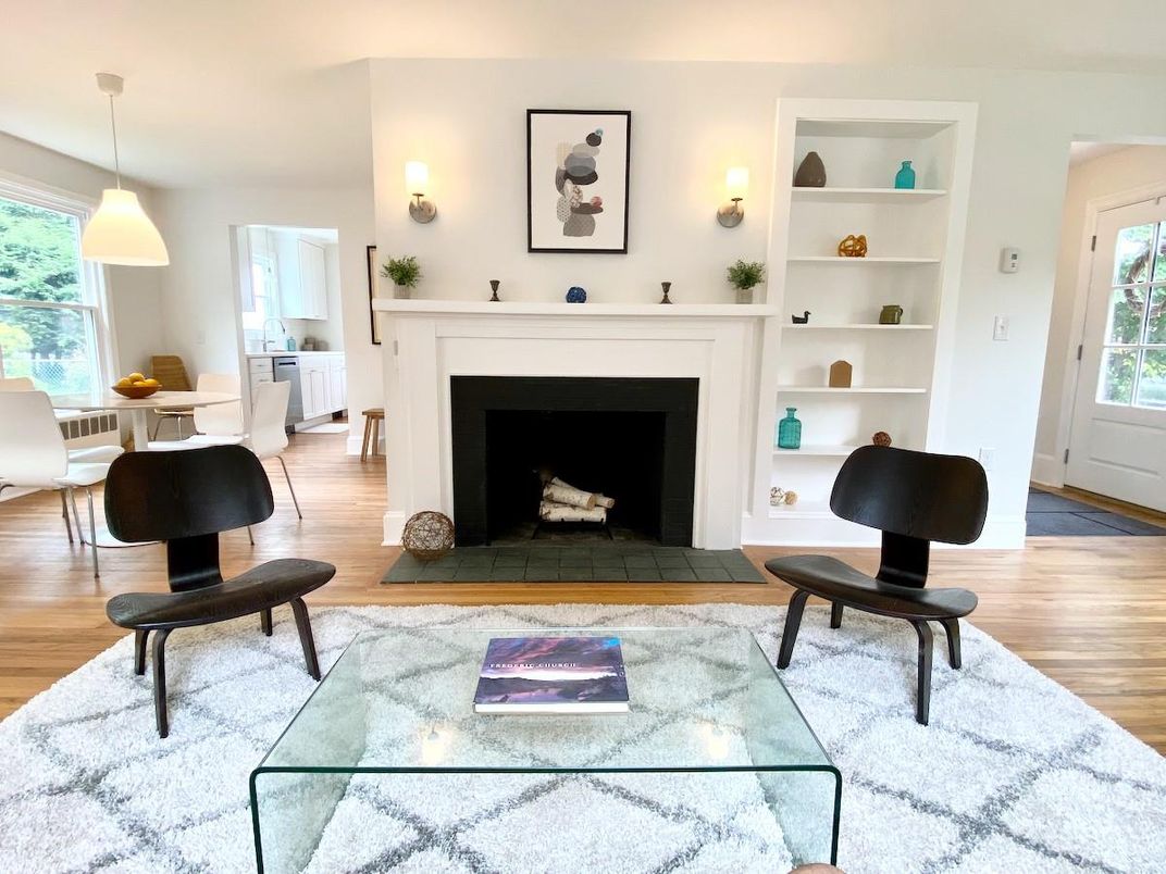 Dining room, Fireplace, Interior, Pendant Lights, Wood Texture Flooring