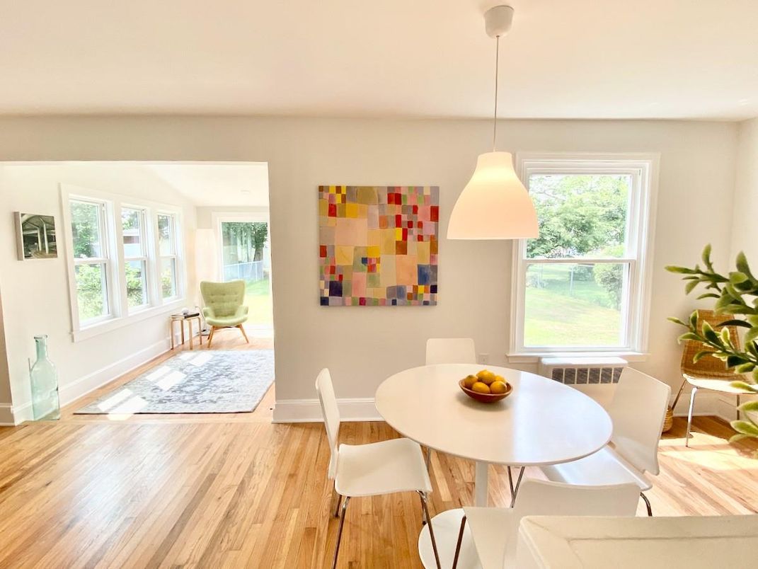 Dining room, Interior, Pendant Lights, Wood Texture Flooring