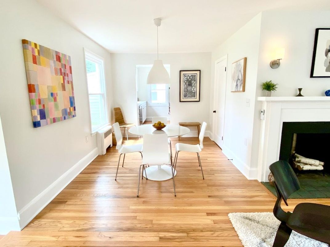 Dining room, Fireplace, Interior, Pendant Lights, Wood Texture Flooring