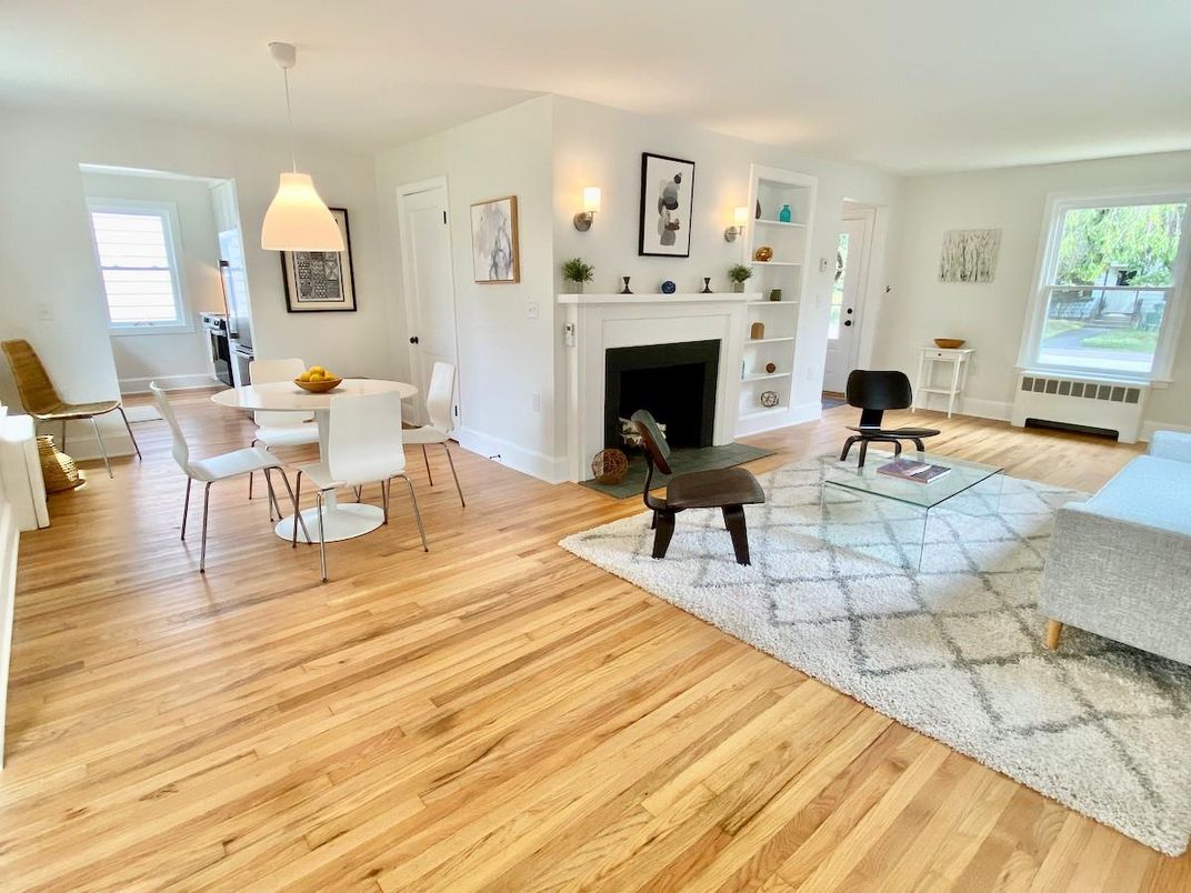 Dining room, Fireplace, Interior, Living room, Pendant Lights, Wood Texture Flooring