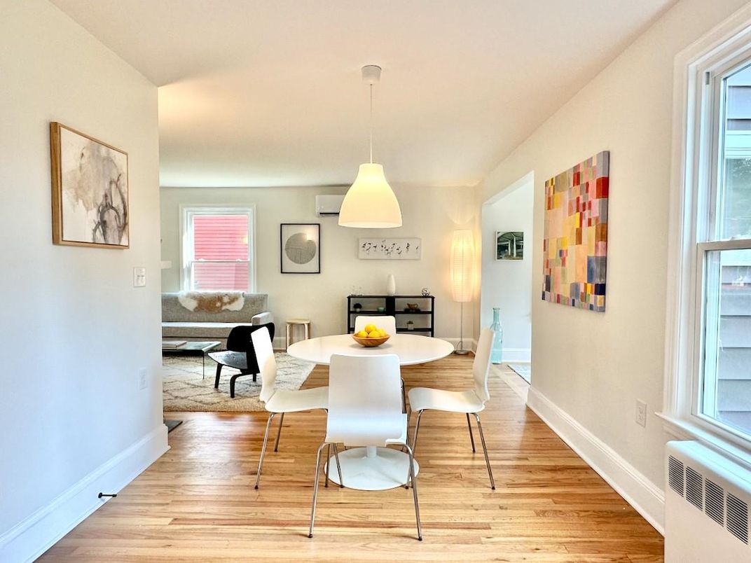 Dining room, Interior, Pendant Lights, Wood Texture Flooring