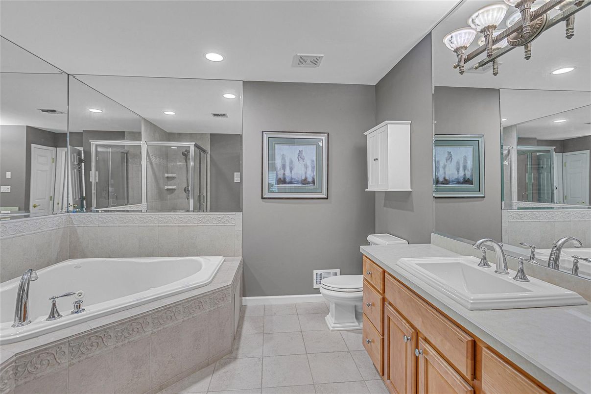 Bathroom, Dual Sink Vanities, Glass Shower, Interior, Recessed Lighting