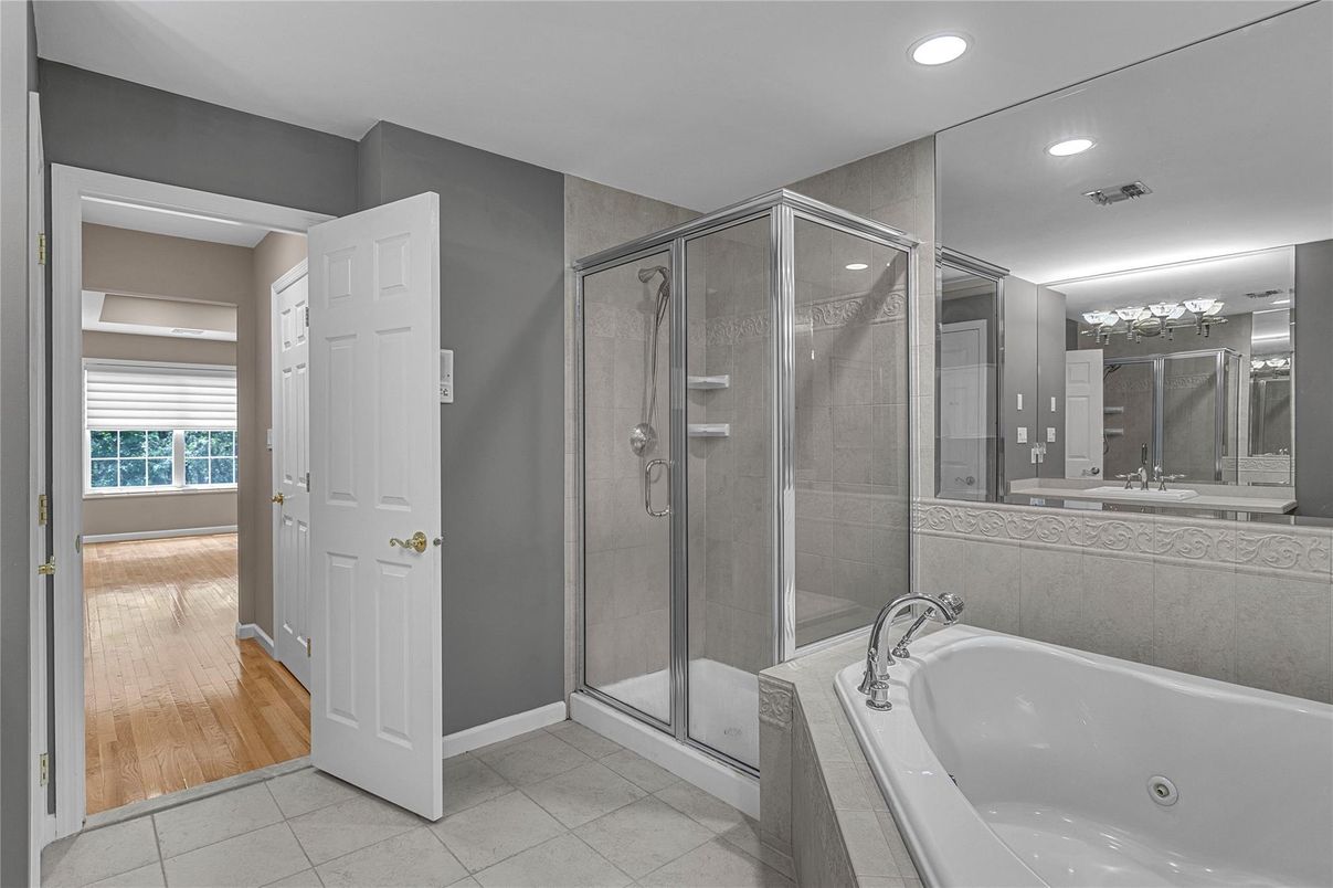 Bathroom, Glass Shower, Interior, Recessed Lighting, Wood Texture Flooring