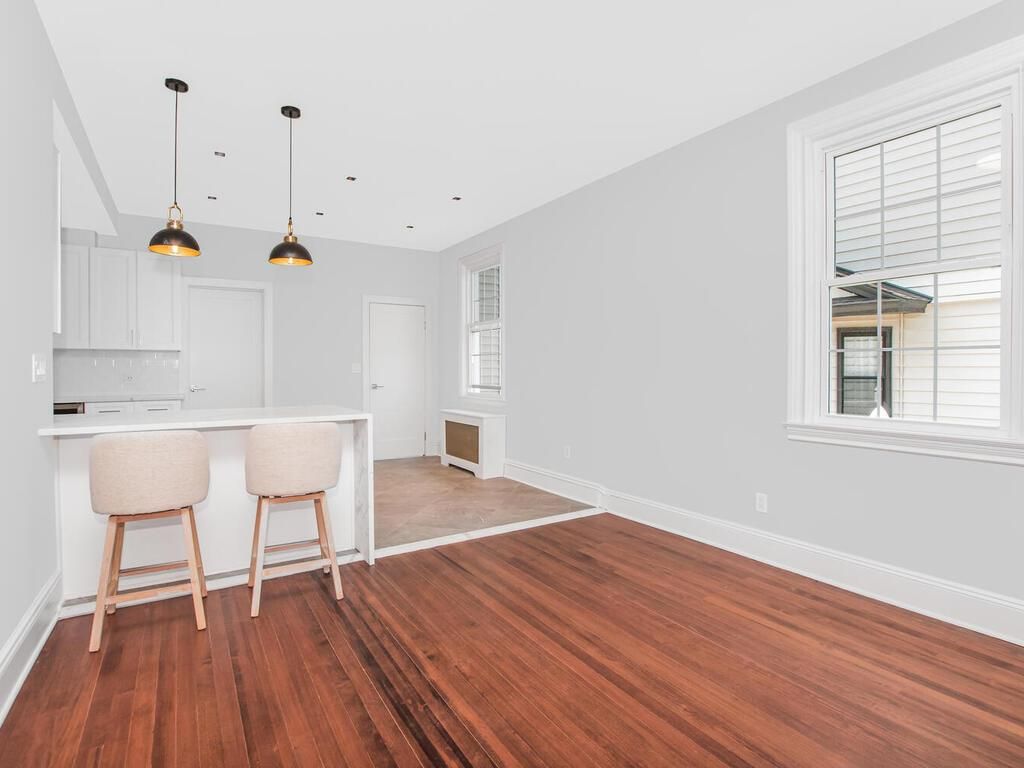 Empty room, Interior, Kitchen, Pendant Lights, Recessed Lighting, Wood Texture Flooring