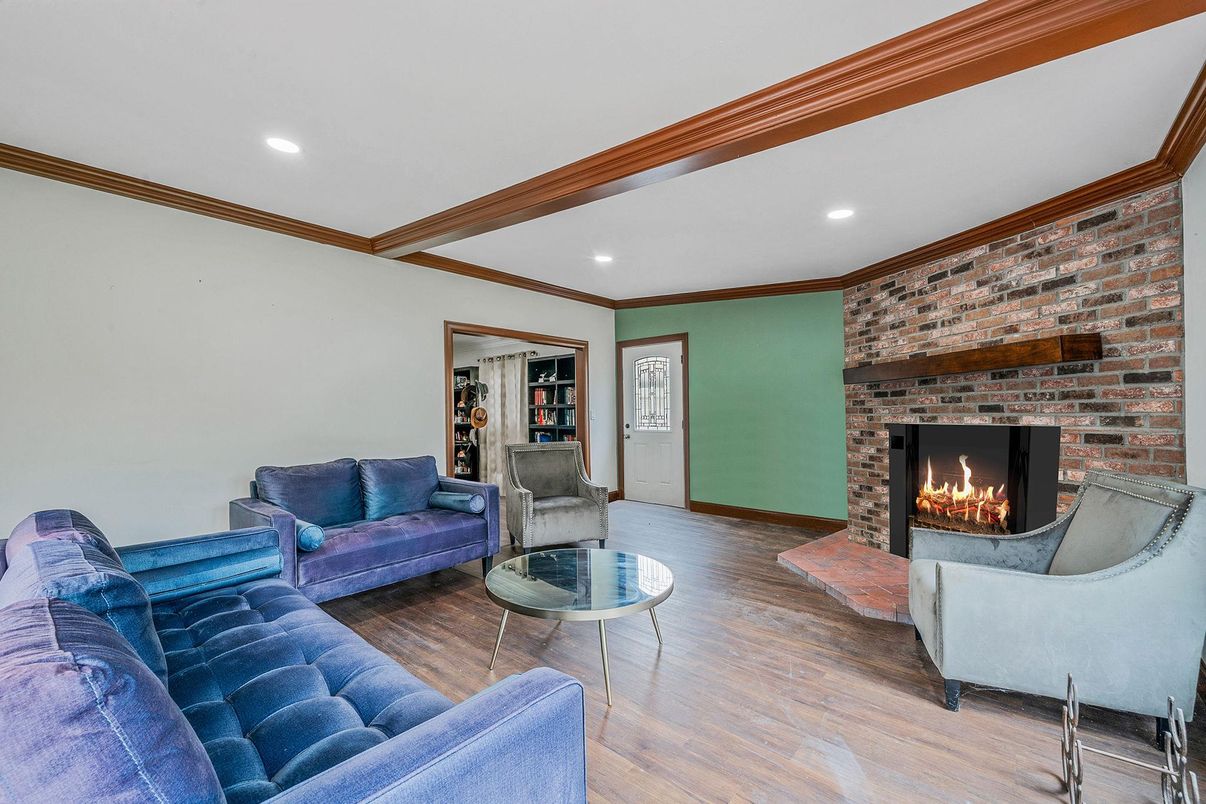 Fireplace, Interior, Living room, Recessed Lighting, Stone Walls, Wooden Beams, Wood Texture Flooring