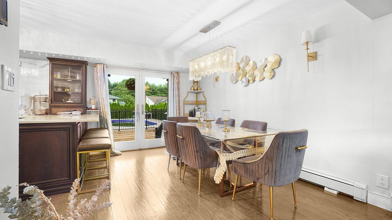 Chandelier, Dining room, Interior, Wood Texture Flooring