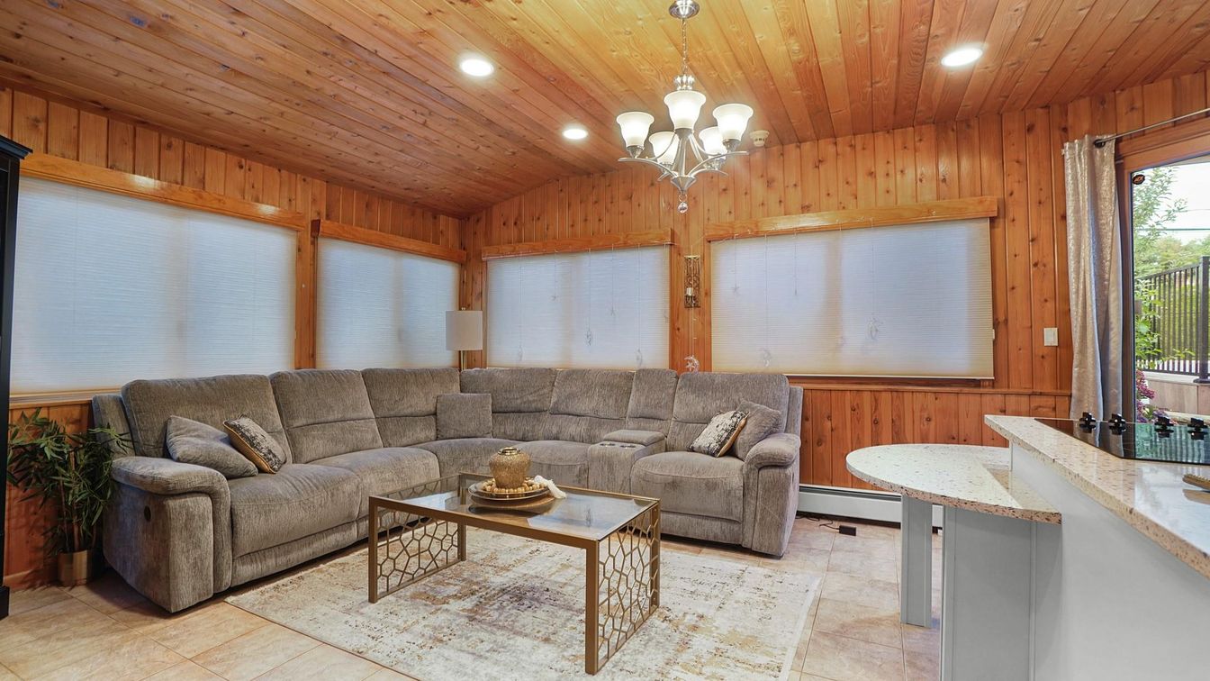 Chandelier, Interior, Living room, Recessed Lighting, Wooden Ceilings, Wooden Walls