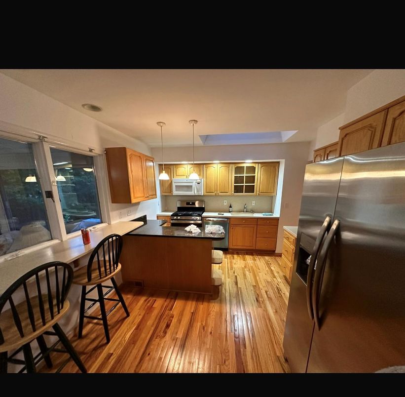 Interior, Kitchen, Pendant Lights, Stainless Steel Appliances, Wood Texture Flooring