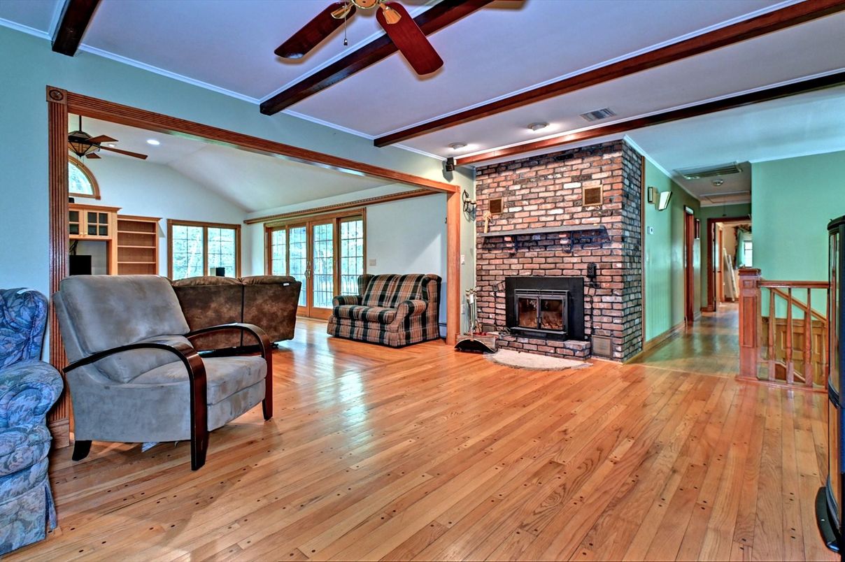 Fireplace, Interior, Living room, Stone Walls, Wood Texture Flooring