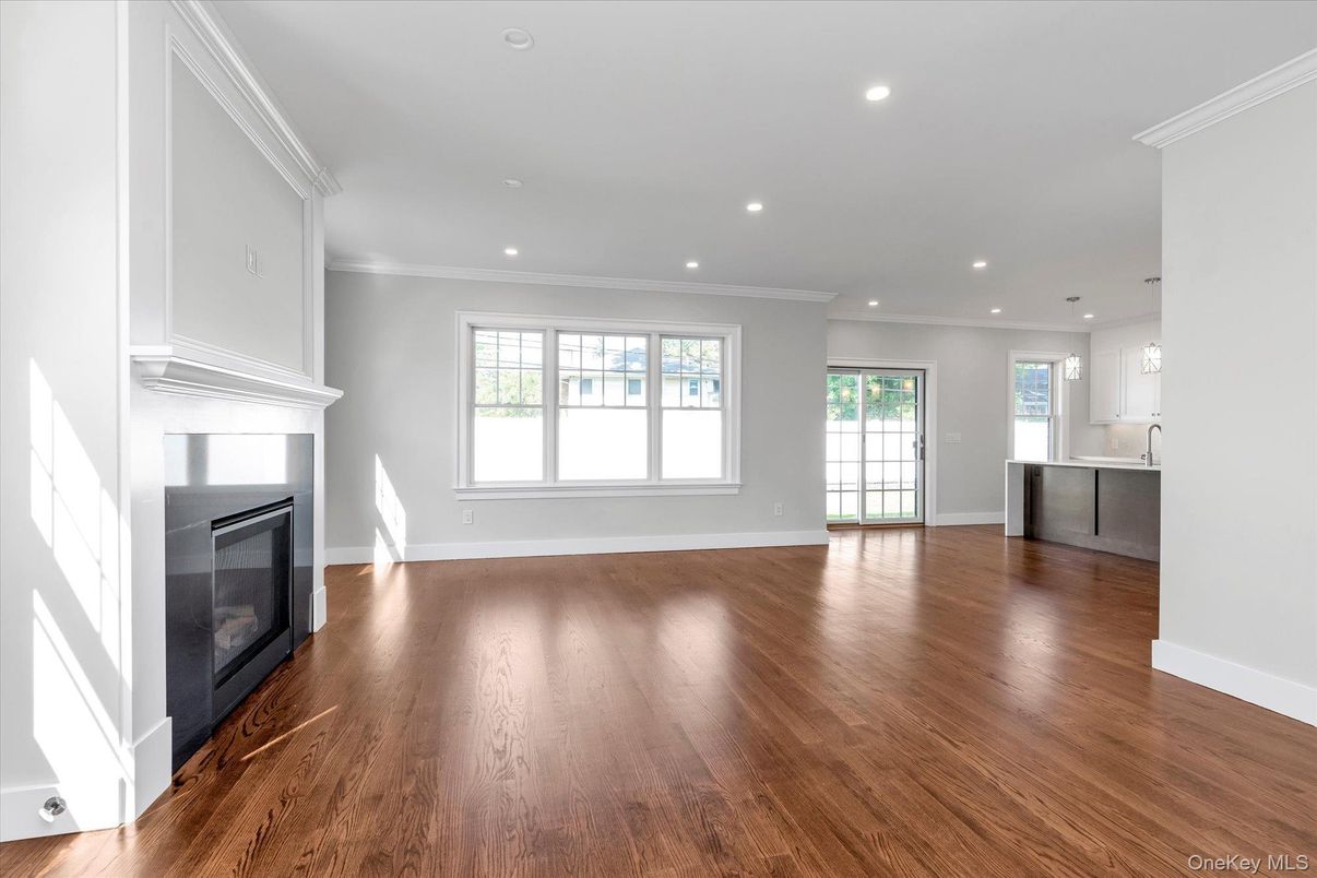 Empty room, Fireplace, Interior, Recessed Lighting, Wood Texture Flooring