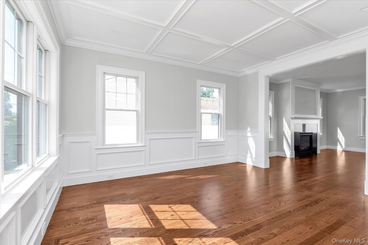 Empty room, Fireplace, Interior, Recessed Lighting, Wood Texture Flooring