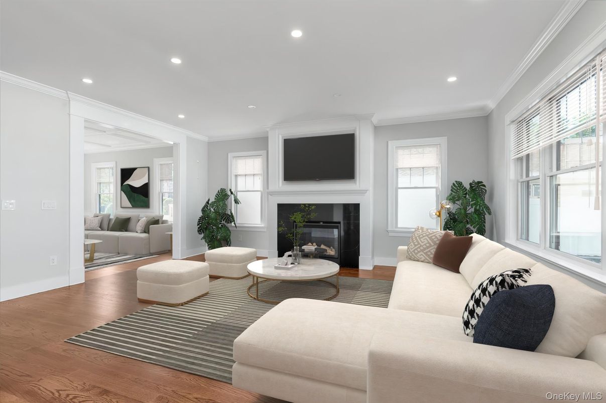 Fireplace, Interior, Living room, Recessed Lighting, Wood Texture Flooring