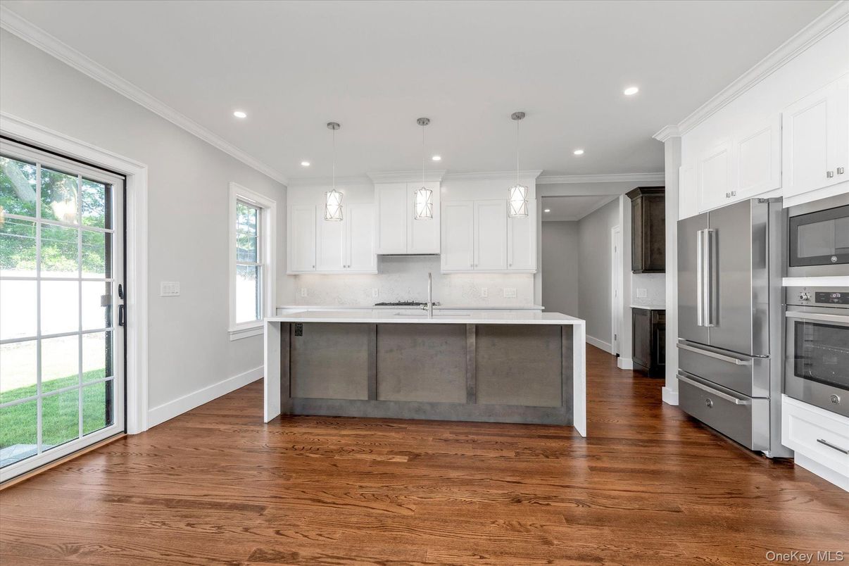 Interior, Kitchen, Pendant Lights, Recessed Lighting, Stainless Steel Appliances, Wood Texture Flooring