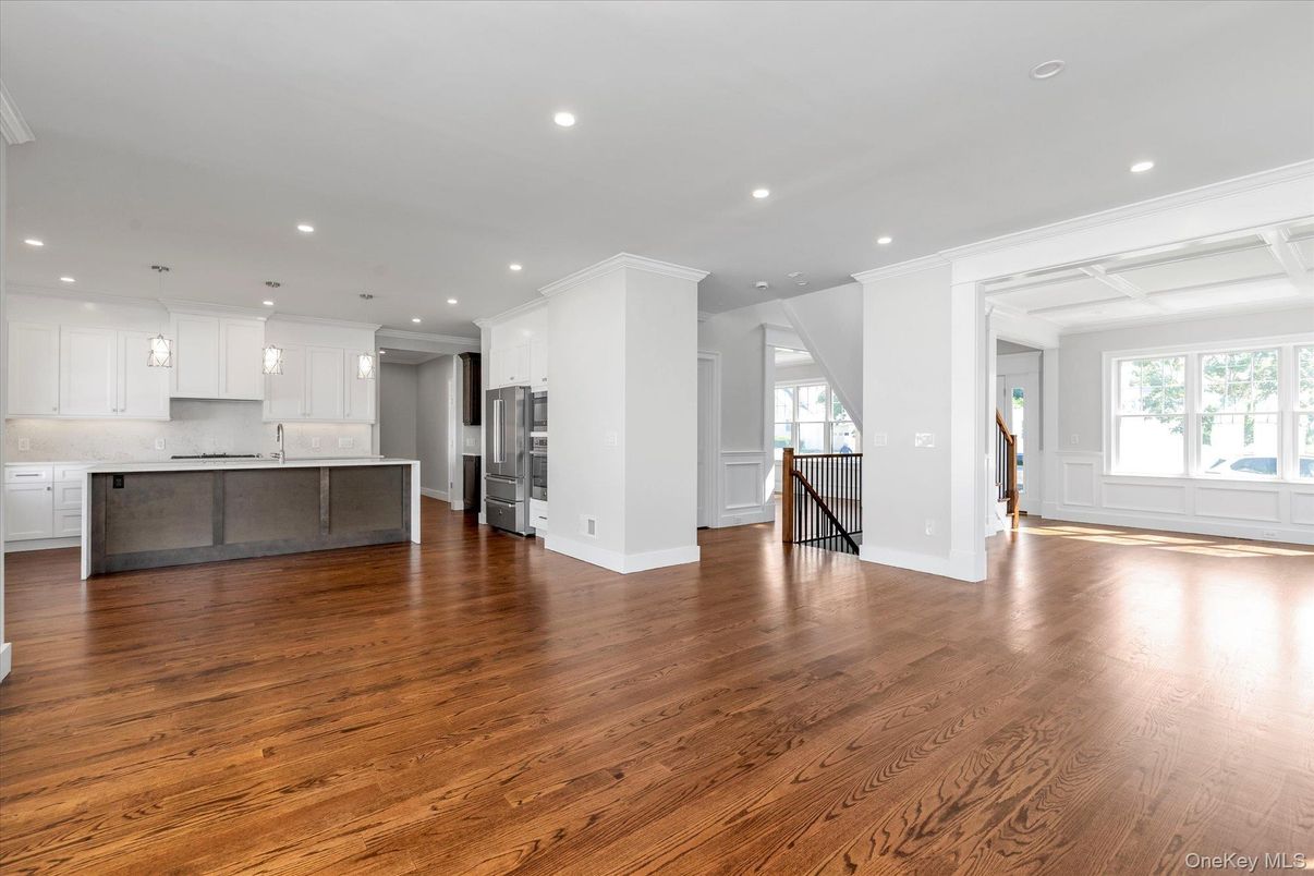Empty room, Interior, Kitchen, Pendant Lights, Recessed Lighting, Wood Texture Flooring