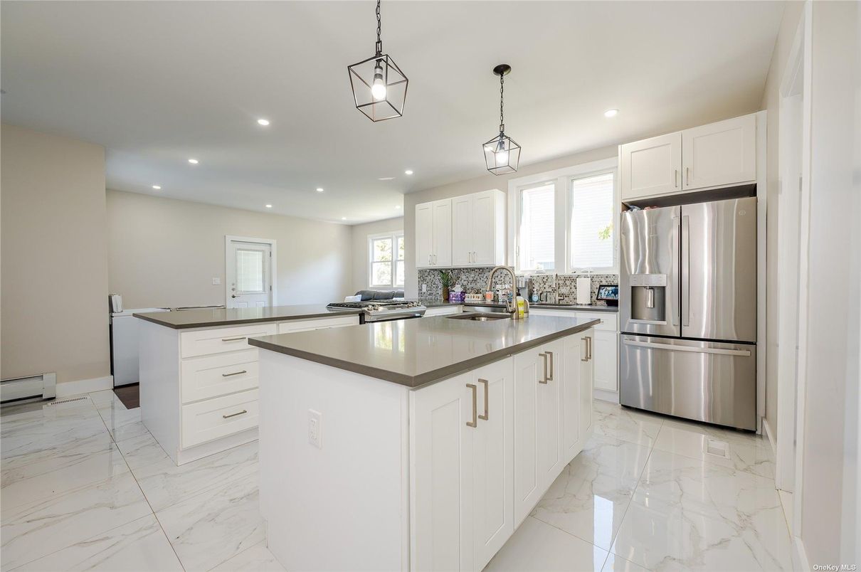 Interior, Kitchen, Marble, Pendant Lights, Recessed Lighting, Stainless Steel Appliances