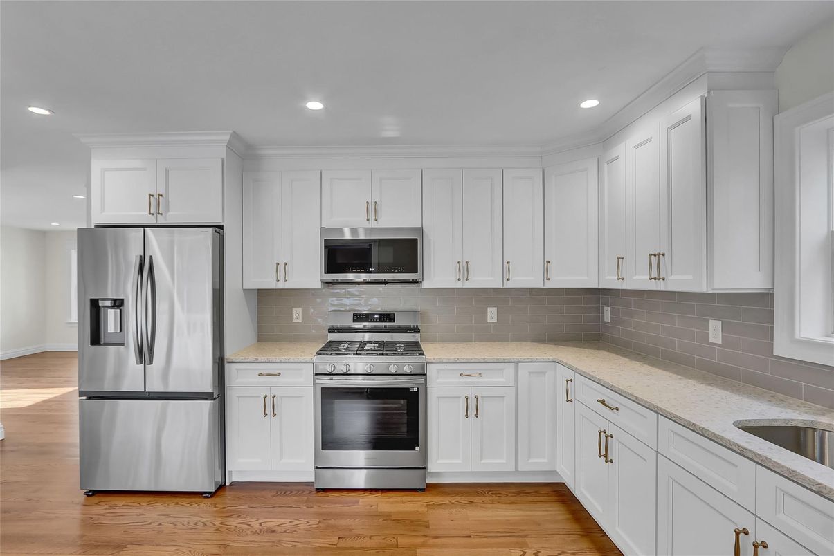 Interior, Kitchen, Recessed Lighting, Stainless Steel Appliances, Wood Texture Flooring