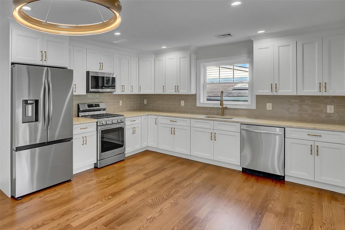 Interior, Kitchen, Recessed Lighting, Stainless Steel Appliances, Wood Texture Flooring