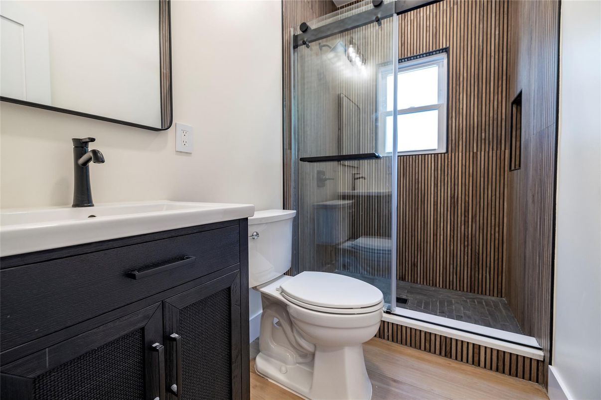 Bathroom, Glass Shower, Interior, Wood Texture Flooring
