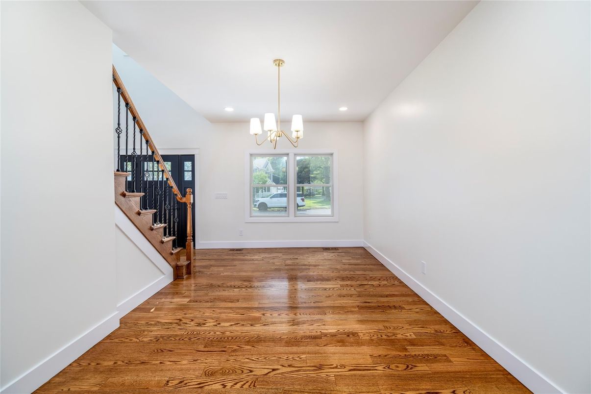 Chandelier, Empty room, Interior, Recessed Lighting, Wood Texture Flooring