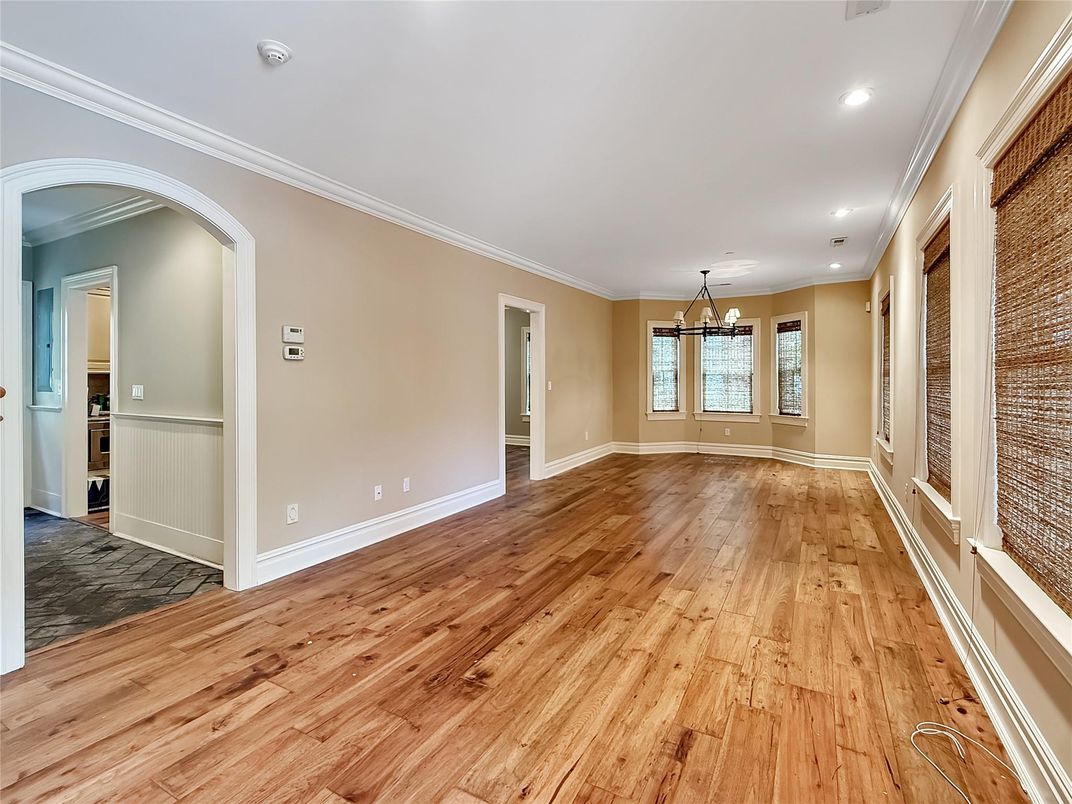 Chandelier, Empty room, Interior, Recessed Lighting, Wood Texture Flooring