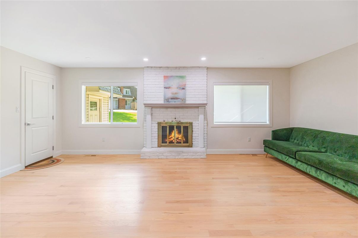 Empty room, Fireplace, Interior, Recessed Lighting, Wood Texture Flooring