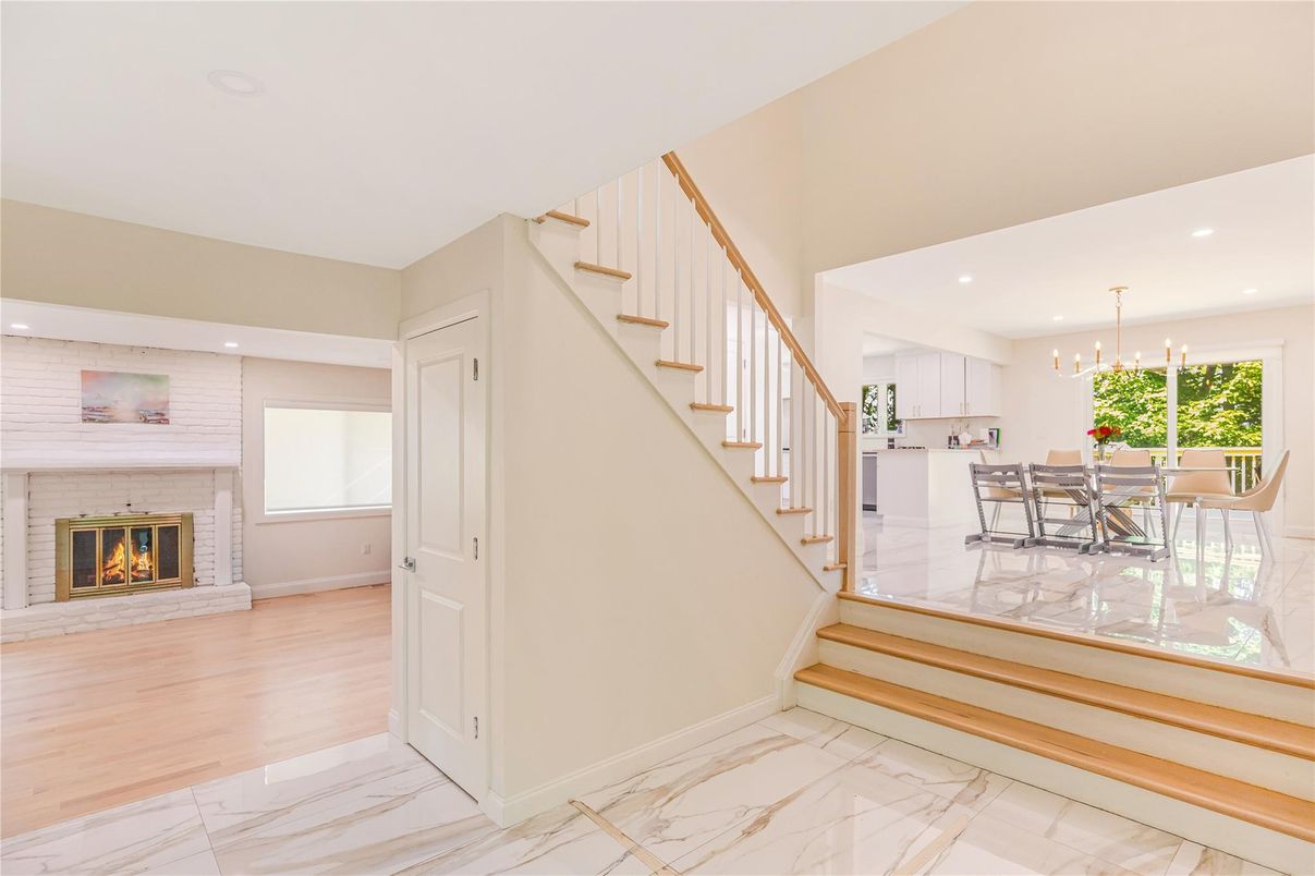 Dining room, Fireplace, Interior, Kitchen, Marble, Pendant Lights, Recessed Lighting, Wood Texture Flooring
